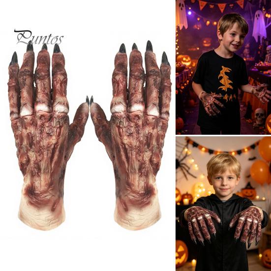 Detailed Zombie Hands 1 Pair Halloween Costume Gloves for Adults Kids, Horror Accessories Gloves, Latex Scary Ghost Hand Cosplay Accessory Masquerade