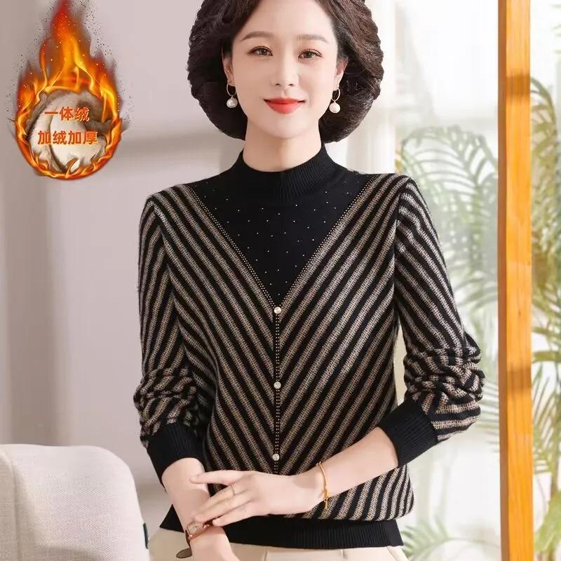 Autumn and Winter Mother Plus Velvet Sweater Half Turtleneck Base Thickened Loose Fitted Top the Elderly