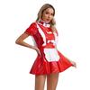 Womens Glossy Patent Leather Maid Dress Ruffled Apron Puff Sleeve Clubwear Party Dress