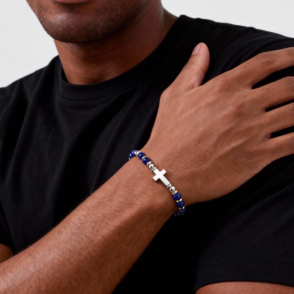 Vintage Klassisches Edelstahl-Kreuz Verstellbares Armband für Herren, Schwarzer Onyx Naturstein Perlenkette Armband, Trendiger Schmuck