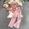 Mature Style Two-Piece Women's Suit: Loose Floral Pleated Shirt & High Waist Wide Leg Trousers