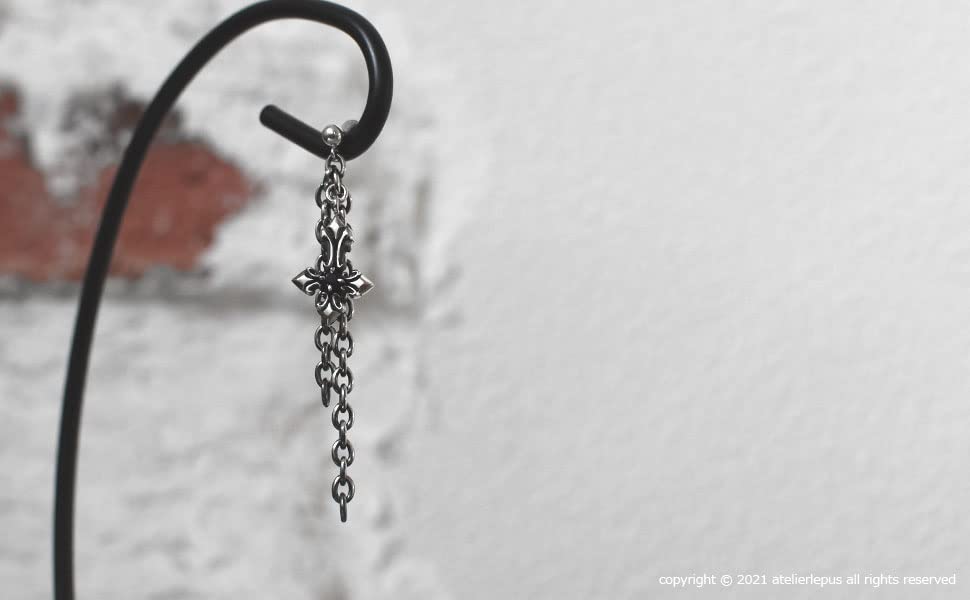 Cooldust Inverted Cross Charm Sterling Silver 925 Chain Earrings with Onyx FCE-029