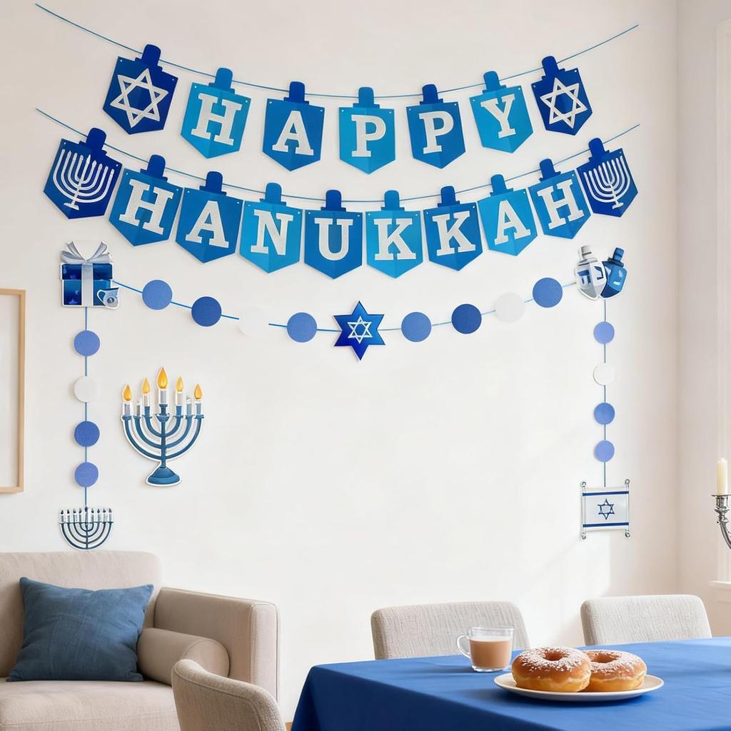 Hanukkah Decorations Banner Happy Hanukkah Banner Party DIY Decor Garland for Home Indoor Blue Glitter Supplies
