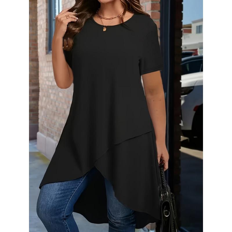 

Casual Round-neck Short-sleeved Asymmetric Hem Solid-color Mid-length Women’s T-shirts 1XL чорний