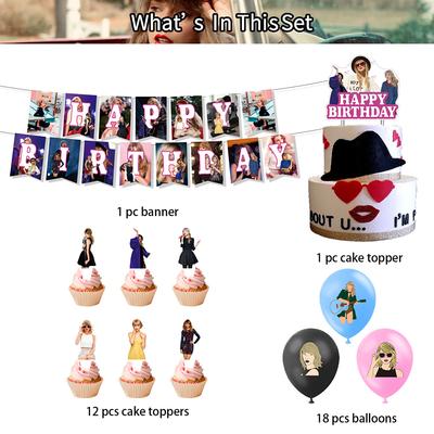 32Pcs Taylor Themed Party Supplies Set W/ Banner Balloons Cake Toppers for Fans
