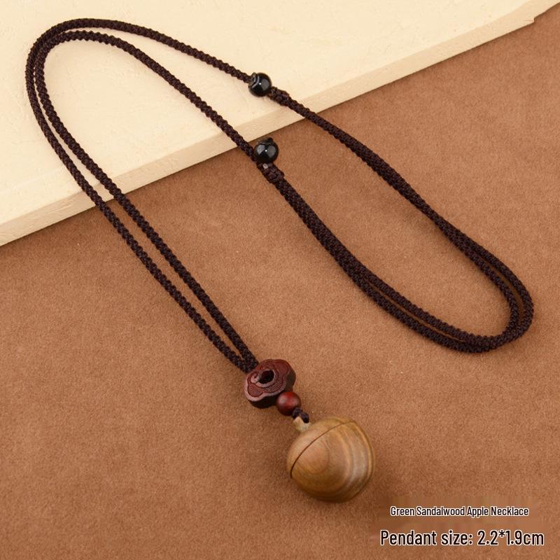 Ethnic Sandalwood Apple Pendant Necklace, Long Wooden Accessory for Women & Men, Openable Sweater Chain