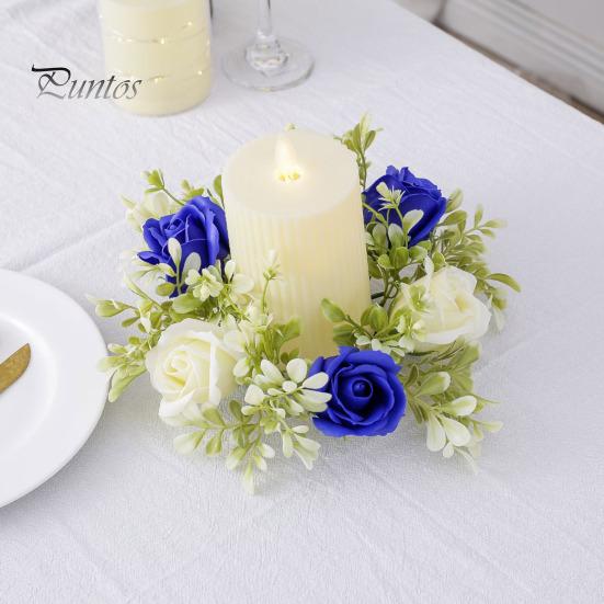 Delicate Candle Topper Artificial Rose Ring Pillar Candles Greenery Flower Wreath Plastic Garland Seasonal for Wedding Centerpiece Holiday Decor