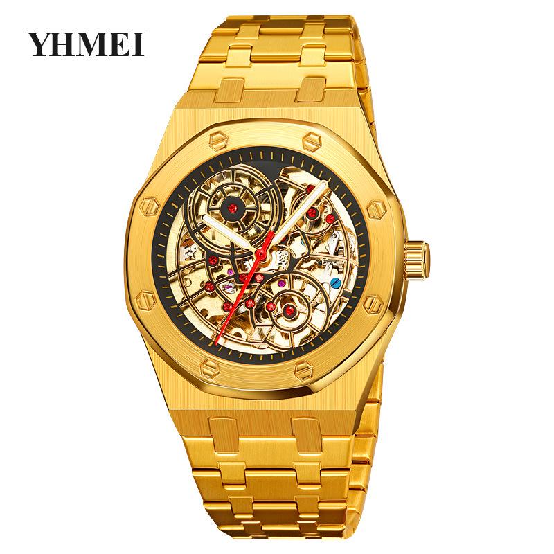 Men's Luxury Stainless Steel Skeleton Mechanical Watch with Large Dial, Fully Automatic Design