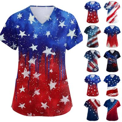 Chemise de travail de protection à manches courtes, col en V, imprimé Jour de l'Indépendance, poche, ouverture latérale pour femmes