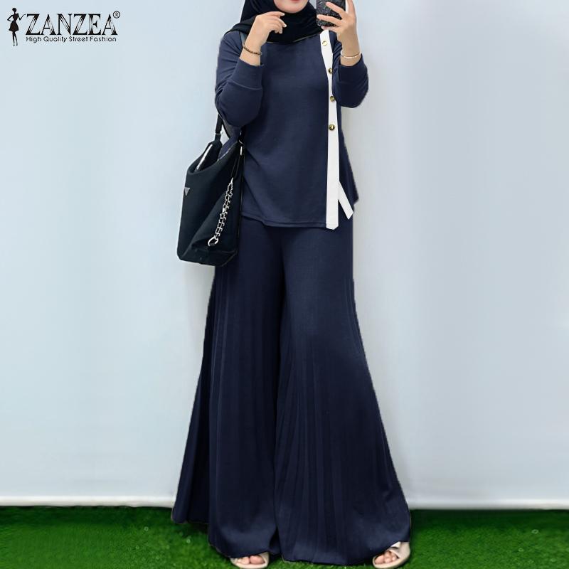 ZANZEA Blusa de Manga Larga para Mujer y Pantalones de Pierna Ancha Conjuntos Casuales de Dos Piezas