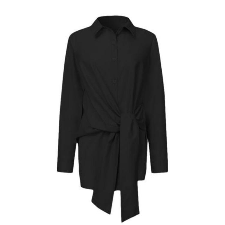 Women Fashion Asymmetric Turn Down Collar Shirt Blouse with Waist Lacing Buttons