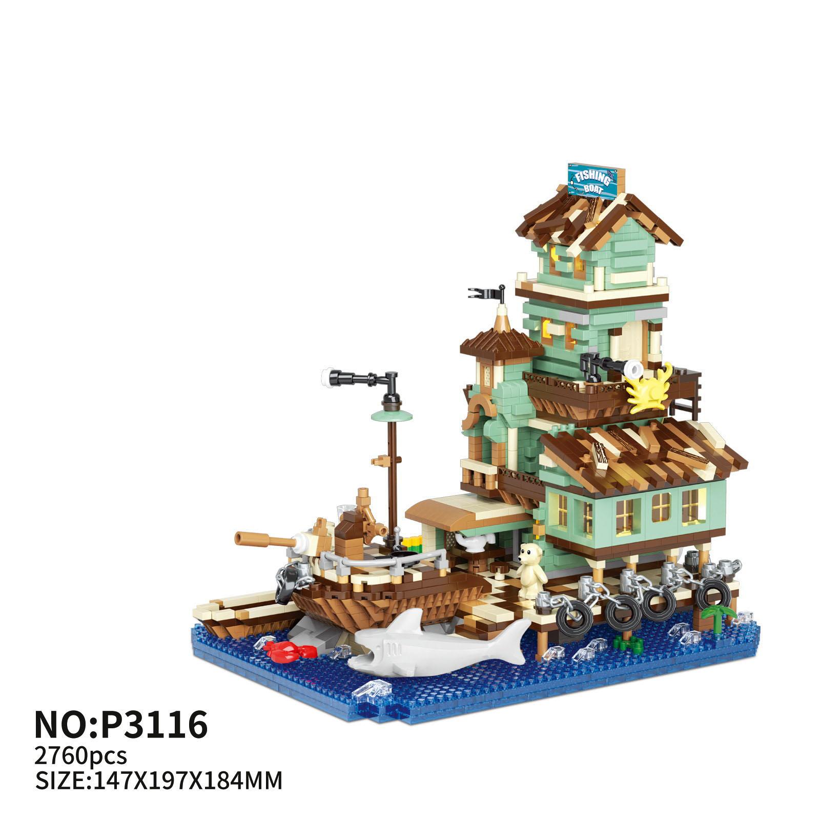 Creative Street View Micro Diamond Block Navigation Fishing House Reconnaissance Cabin Construction Brick Figures Nanobricks Toys
