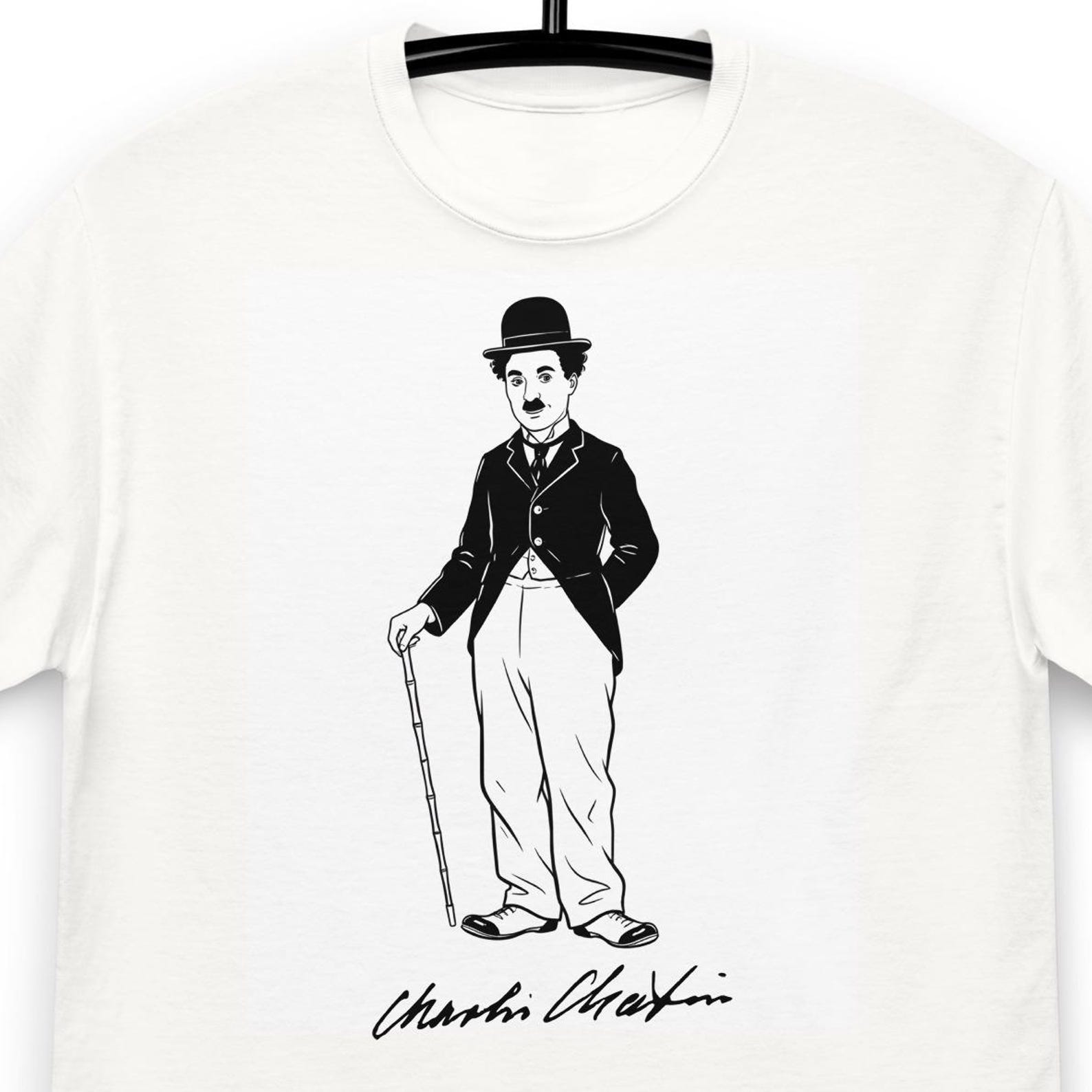 Little Tramp Charm - Classic Charlie Chaplin Portrait T-Shirt, Silent Film Icon Tee L