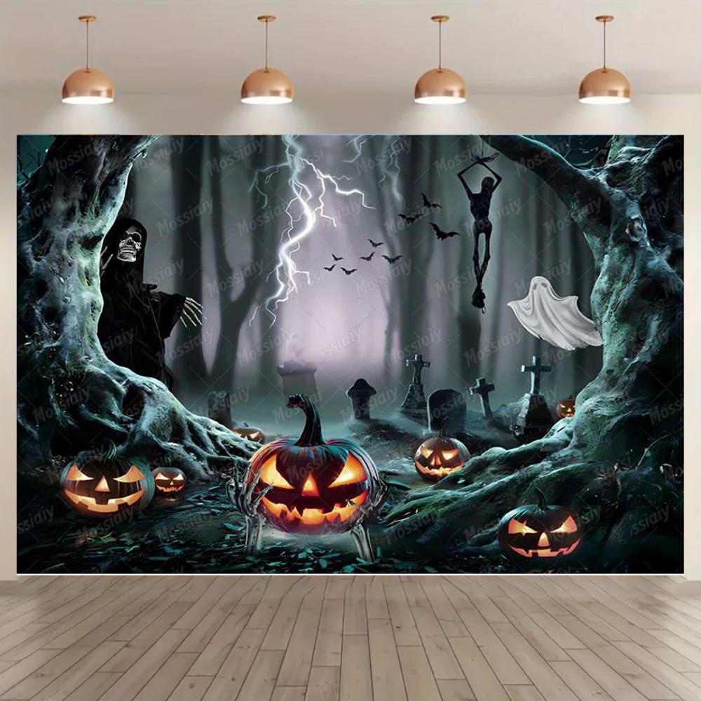 Happy Halloween Photography Background Pumpkin Bat Skull Cemetery Horror Castle Halloween Party Decoration Banner246