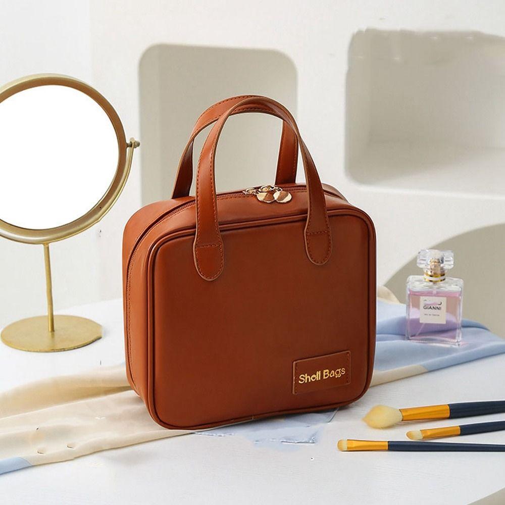 

Zipper PU Leather Cosmetic Bag Shell Bag Travel Wash Bag Simple Small Square Bag Outdoor коричневый