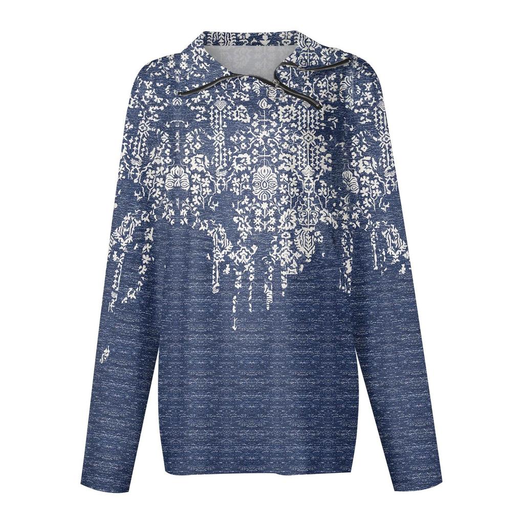 Ladies' Autumn And Winter Top With Zipper, Casual Retro Floral Print Long Sleeved Top