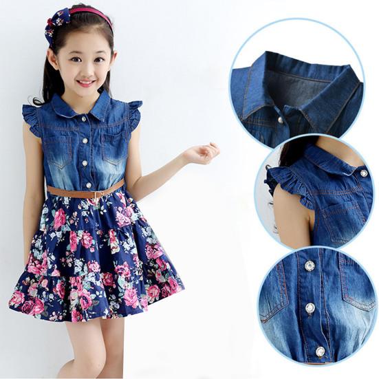 Kinderkleid, kleines Kleid mit fliegenden Ärmeln, aufgesetzter Tasche, für Kinder, Mädchen, Revers, Denim, Spleißkleid zum Ausgehen