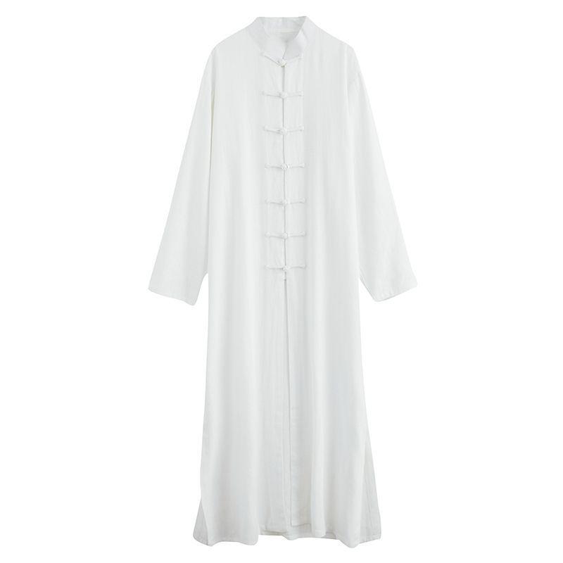 Men's Ethnic Long Sleeve Cotton Linen Robe with Stand Collar and Frog Buttons