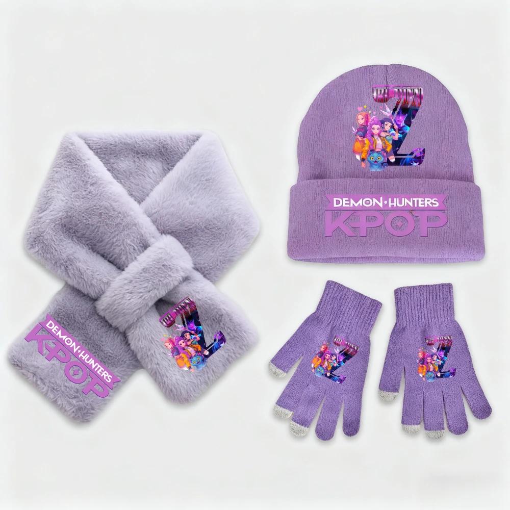 3Pcs KPop Demon Hunters Collection Fashion Kids' Clothing Designed for Girls - Warm Knit Hat Scarf Plus Gloves - Cold Season Casual Birth Date