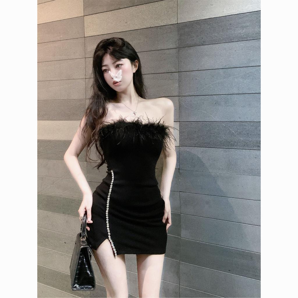Trendy Brand Design Patchwork Fuzzy Strapless Dress for Women, New Summer Pure and Alluring Style, Slimming Slimming Pencil Skirt