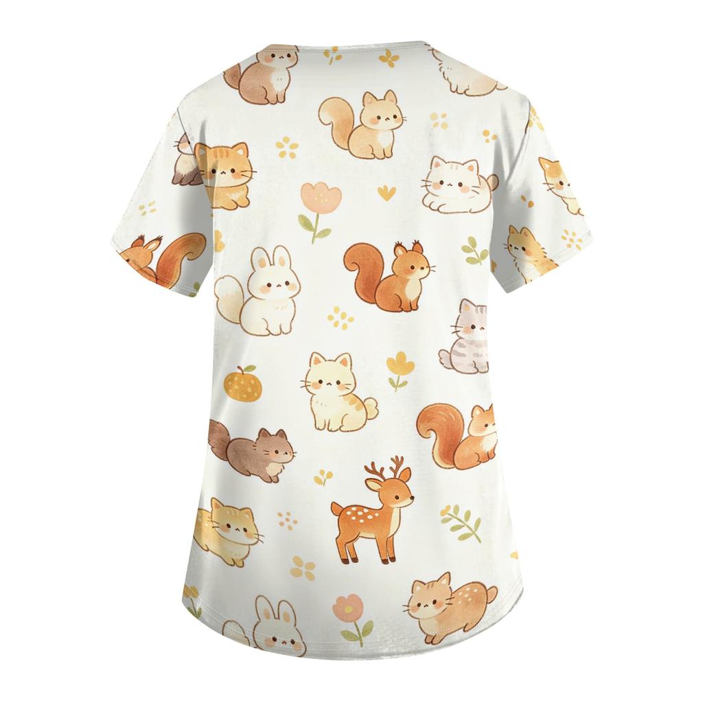 Damen V-Ausschnitt Kurzarm Arbeits-Top mit Taschen Tierprint Professionelle Uniform Pflegekittel für medizinisches und Pflegepersonal