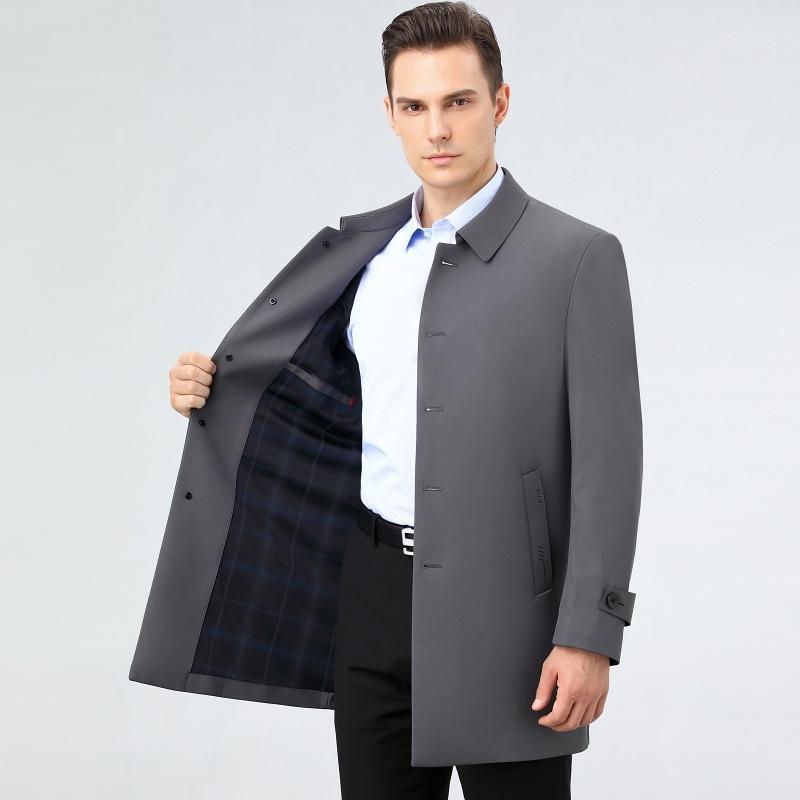 Mittellanger Windbreaker Herren Frühling und Herbst Revers Business Casual Hochwertige Maulbeerseide Mittleren Alters Herren Einfarbig Vielseitige Jacke