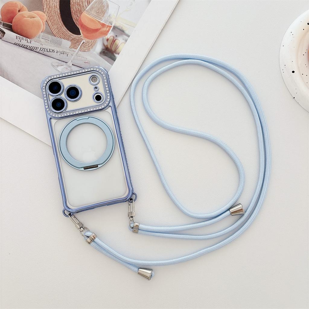 Crossbody Lanyard Electroplated Rotating Stand Magnetic Phone Case for IPhone Air 17 16 Plus 15 14 13 Pro Max for Magsafe Cover