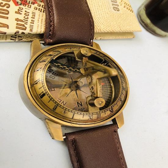 Brass Marine Sundial Leather Strap Stamped Wrist Compass for Navigation Wristwatch