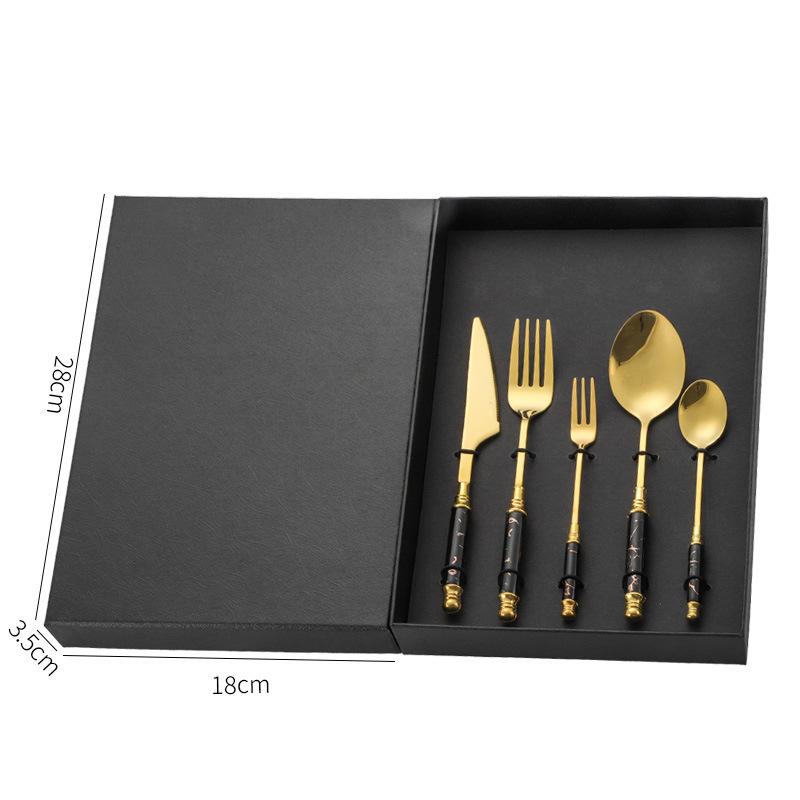 Edelstahl 4/5-teiliges Set Gestell Keramik Marmormuster Griff Griff Messer Gabel Löffel Geschenkbox Set Westliches Essen Nordischer Stil