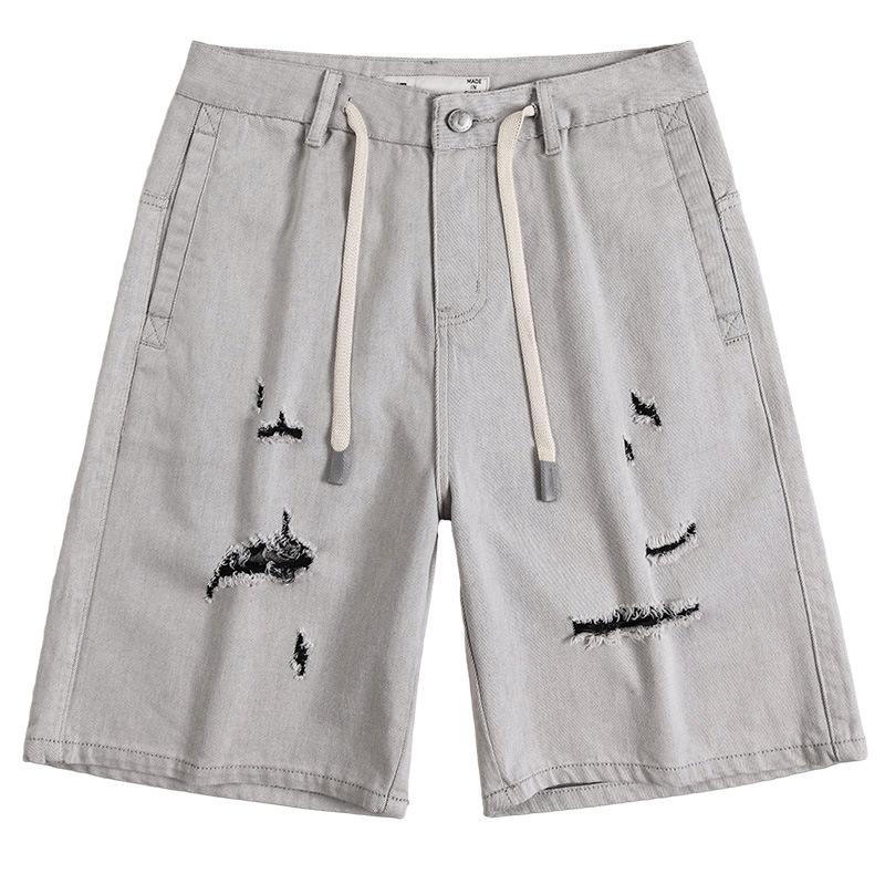 Ripped Denim Shorts Men's Summer American 5-point Mid-pants Loose Straight Five-point Pants