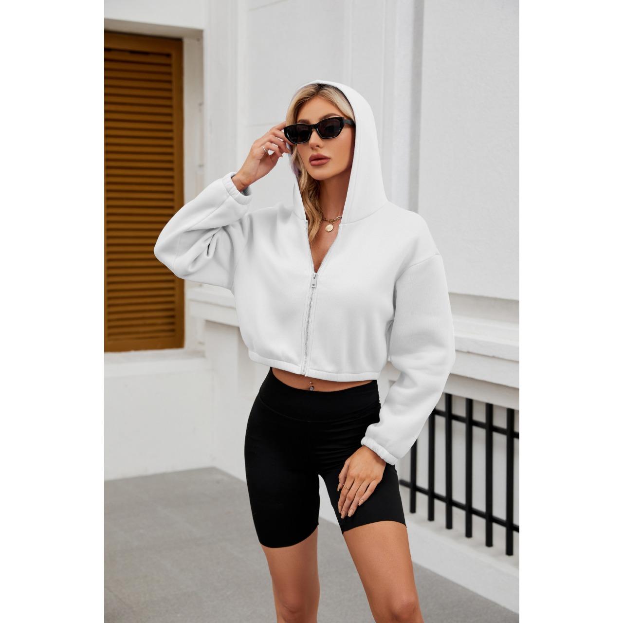 GMXIA Осень-зима мода молния с капюшоном однотонный короткий длинный рукав толстовка женская S белый