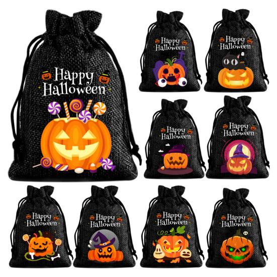 12Pcs Halloween Pumpkin Burlap Gift Bags Small Drawstring Goodie Treat Bag Halloween Linen Jute Candy Bag for Kids Trick or Treat Party Supplies