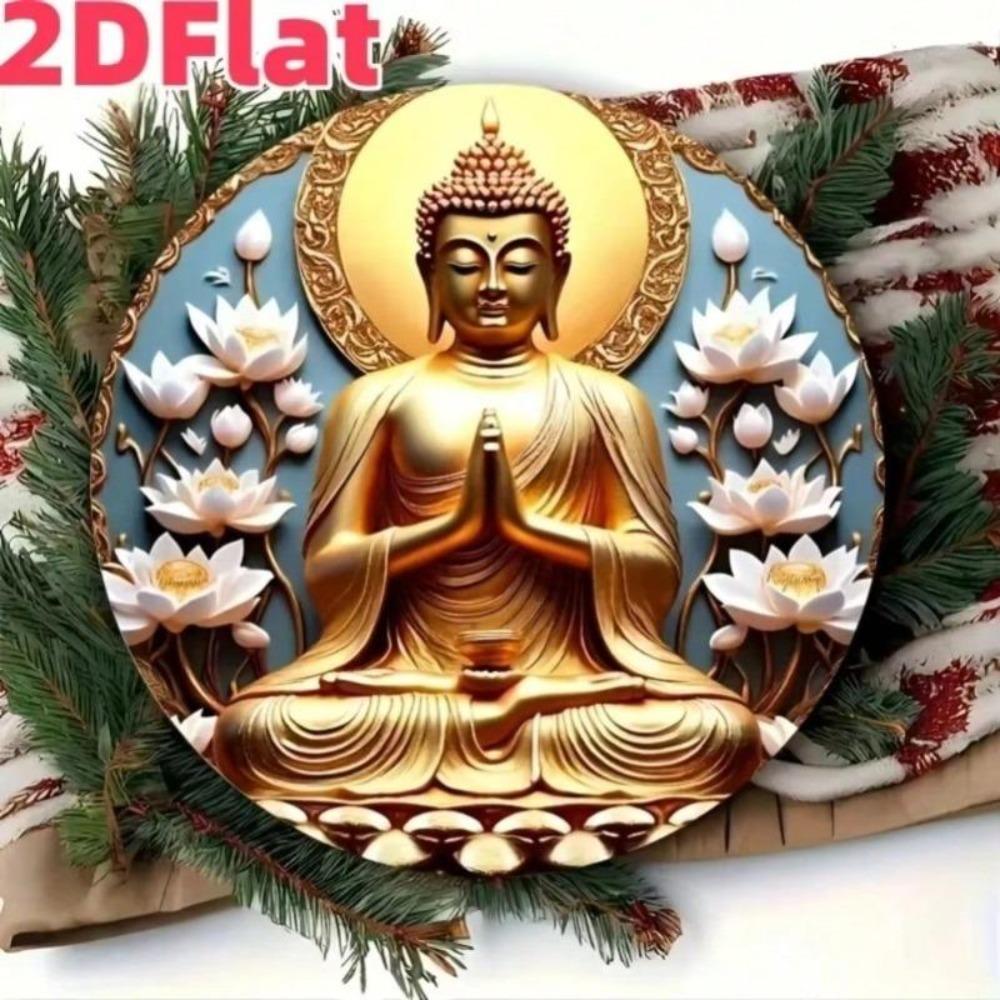 Metal Wall Art Golden Buddha Circle Retro Design Soft Blue Background Home Decor