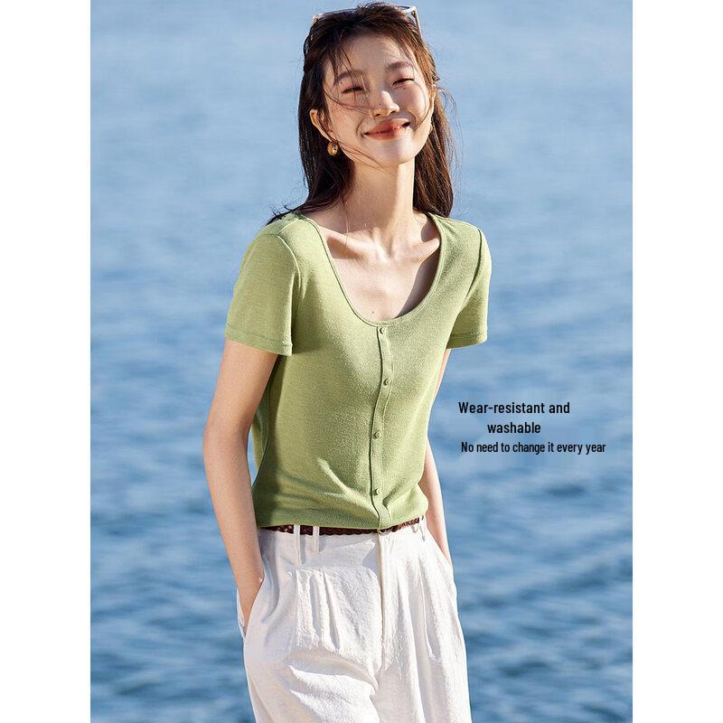 Damen quadratischer Ausschnitt elastisches Strick-Kurzarm-T-Shirt