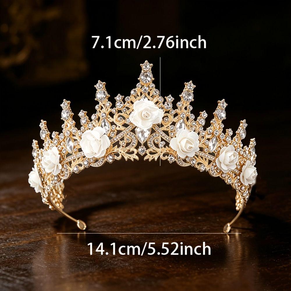 Metal Princess Floral Tiara Rose Flower Shiny Rhinestone Crown Luxury Baroque Crown Prom