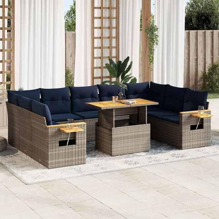 VidaXL Salon de jardin avec coussins 10 pcs gris résine tressée acacia, ensemble de canapés d'extérieur, salon de jardin 3327645