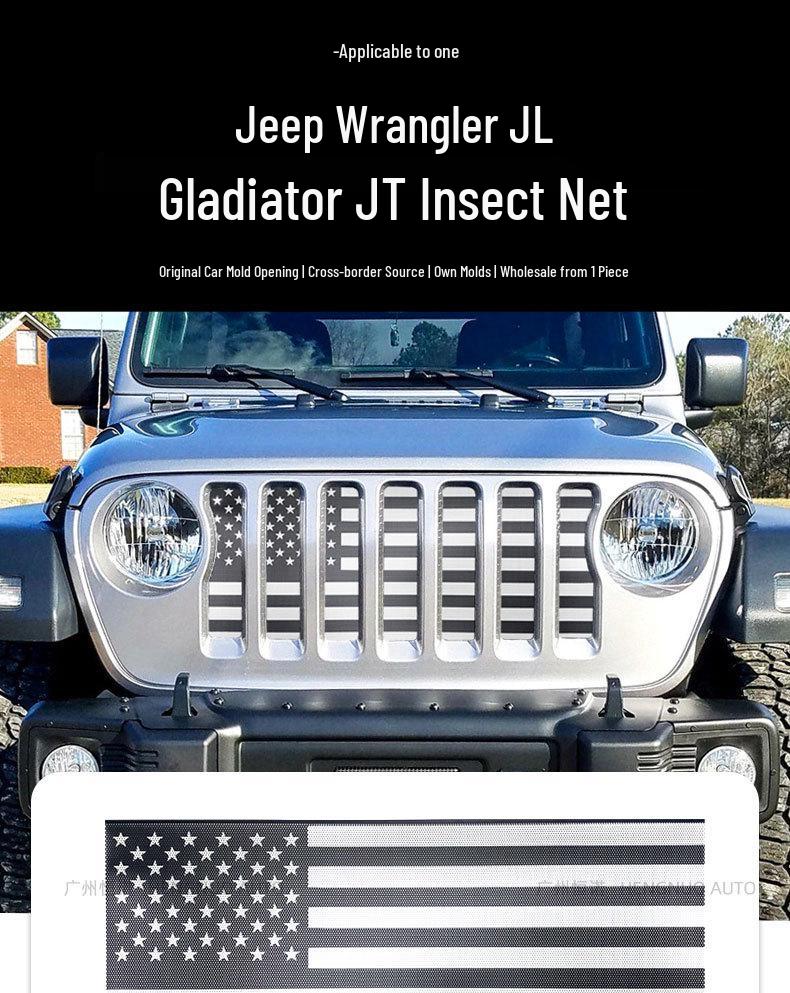 18-25 Jeep Wrangler JL JT Black & White American Flag Grille Insect Net
