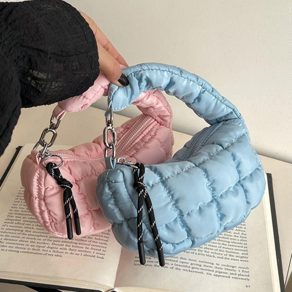 Solid Color Bubble Cloud Handbag Korean Style Rhombus Plaid Handbag Pleated Dumpling Bag  Girls
