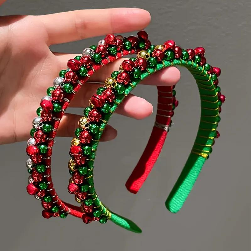 Red Green Christmas Headband Women's Simple Thin Edges Flannel Jingling Bell Beaded Winding Festival New Year Hair Accessories