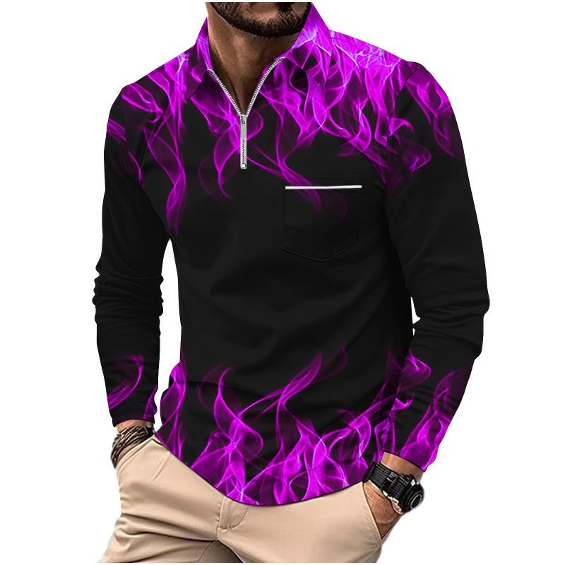 Men's Printed Polo Shirt with Zipper Pocket Sports Long Sleeved Polo Shirt