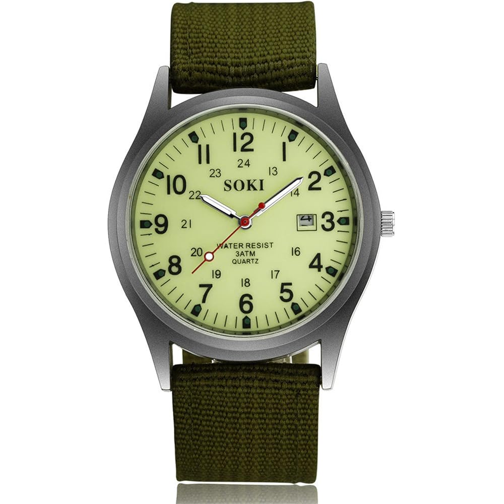 Men s Antique Calendar Waterproof Analog Sports Watch Green Nylon Strap Quartz