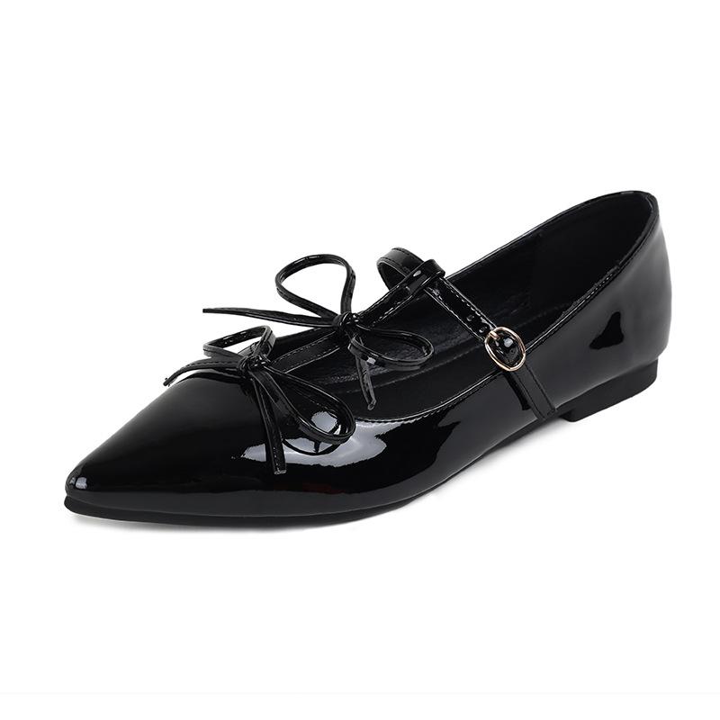 Fashion Flat Shoes for Women 2025 Spring and Autumn Pointed Bow Mary Jane Black Banquet Large Size Women's Shoes