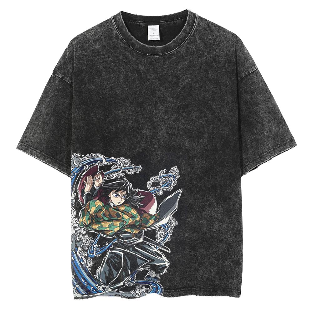 Hot Anime Demon Slayer Kamado Tanjirou Graphic Print T Shirt Men Manga Tshirts Washed Cotton T-shirt Harajuku Male Vintage Tee