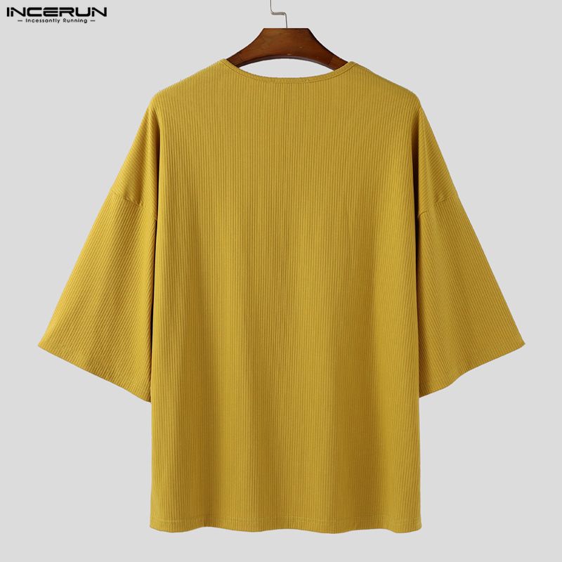 INCERUN Oversized Men Round Neck Short Sleeve 3D Flower Print Stitching Casual Rib T-shirts Tops