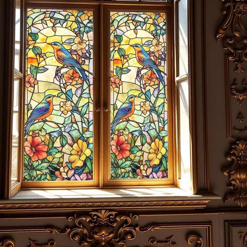 Colorful Window Glass Electrostatic Stickers Retro Flowers Birds Stickers Removable Window Privacy Stained Decor Film For Home