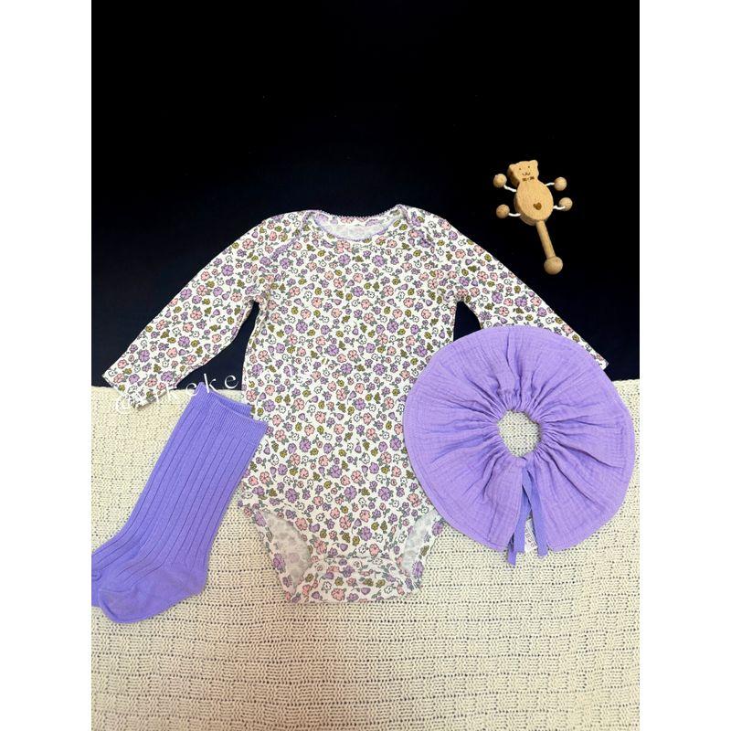 Foreign Trade Style Baby Clothes, Summer Thin Pure Cotton Triangle Romper, Newborn Bodysuit, Short-Sleeve One-Piece Crawling Suit Purple Floral Print Onesie 59