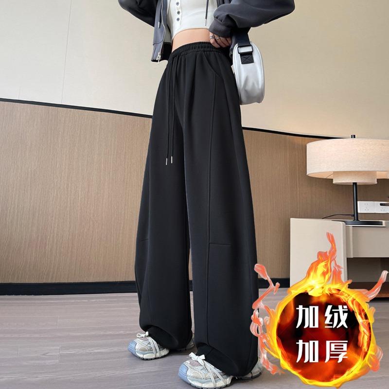 

Осень Зима Эластичные Брюки с Высокой Посадкой Однотонные Свободные Повседневные Спортивные Штаны Женские Бархатные Теплые Прямые Брюки M чёрный