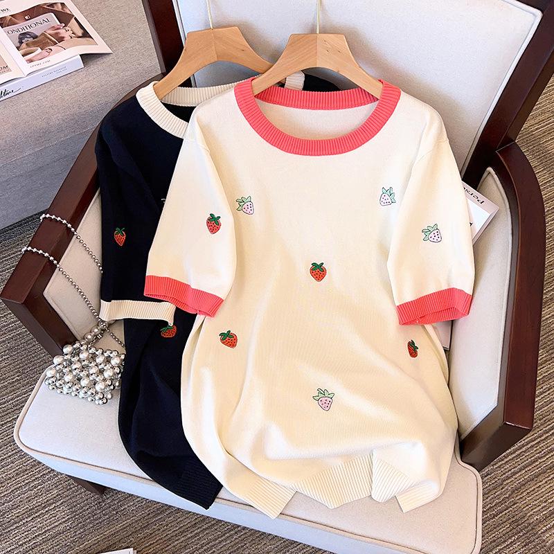 Plus Size Women s Ice Silk Knit Short Sleeve Top - Slimming T-shirt 8171 for Summer 6XL чёрный