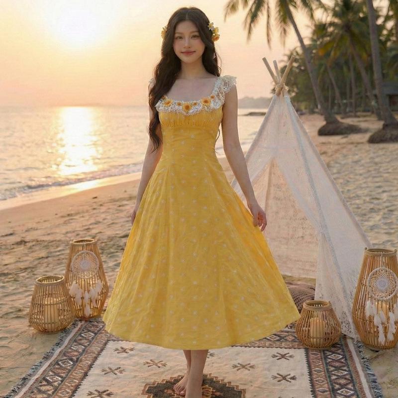 

French Country Yellow Strappy Lace Dress with 3D Floral Design XL