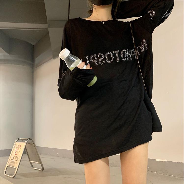 Autumn Women's Trendy Rhinestone Black Long Sleeve Loose Fit Top - Plus Size Slimming Cover-up